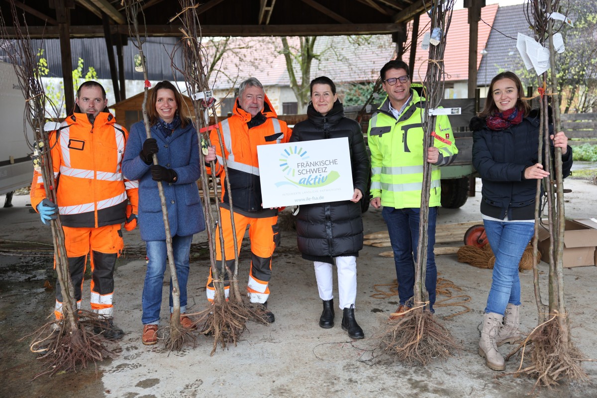 Baumausgabe Ebermannstadt (v.l.n.r.) Thomas Häfner, Bauhof Ebermannstadt;  Corinna Brauer, ILE Management; Jürgen Rattel, Leitung Bauhof Ebermannstadt; Bürgermeisterin  Christiane Meyer, 1.Vorsitzende ILE Fränkische Schweiz AKTIV; Thomas Müller, Amt für Ländliche  Entwicklung Oberfranken; Julia Petschler, ILE-Management